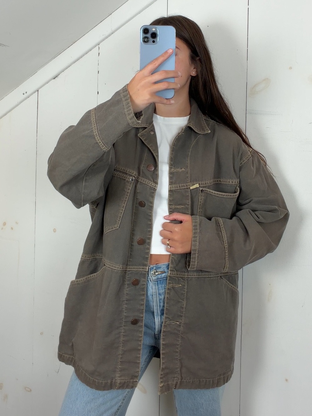 Vintage Chore Barn Utility Denim Jacket Men’s M Faded Patina Khaki Green Gray
